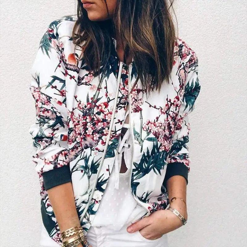 Cheky - Printed round neck zipper long sleeve jacket