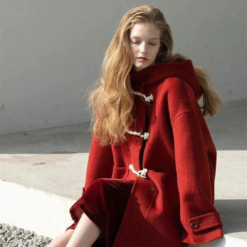 Cheky - Retro Red Wool Double Faced Woolen Coat Women