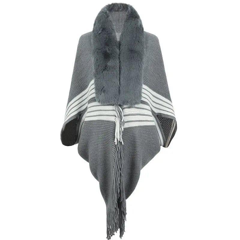 Cheky - Tassel Cape And Shawl Women's Striped Fur Collar Scarf