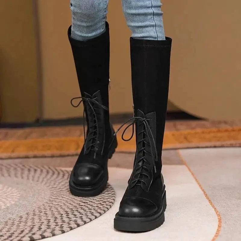 Cheky - Thick-soled Thinner Lace-up Knight Boots Women Are Small But Knee-length Autumn And Winter