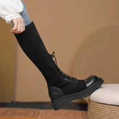 Cheky - Thick-soled Thinner Lace-up Knight Boots Women Are Small But Knee-length Autumn And Winter