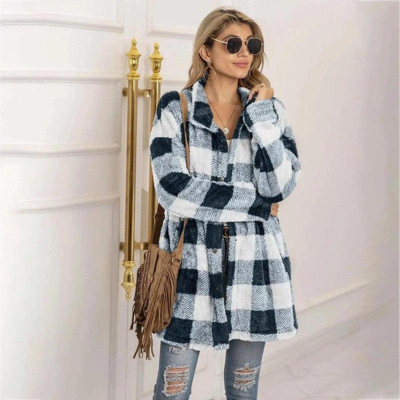 Cheky - Women's Long-sleeved Plaid Print Mid-length Shirt Jacket