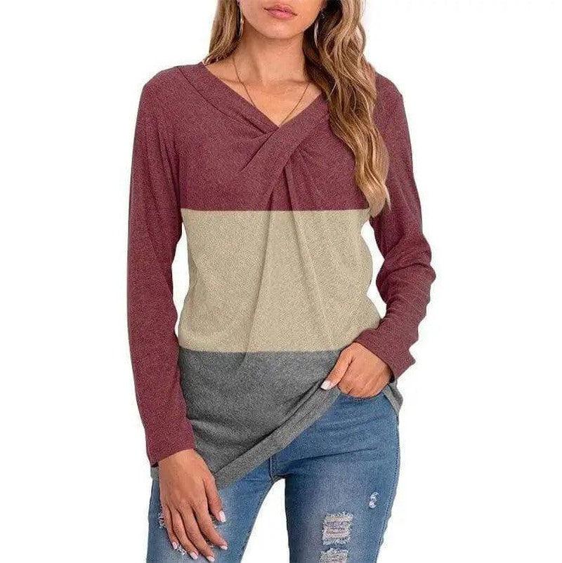 Cheky - Women's New V-neck Long-sleeved Stitching T-shirt Top